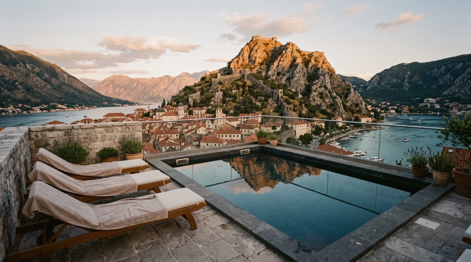 Stone facades and terraces of hotels inside the walled old town of Kotor below the fortress hill