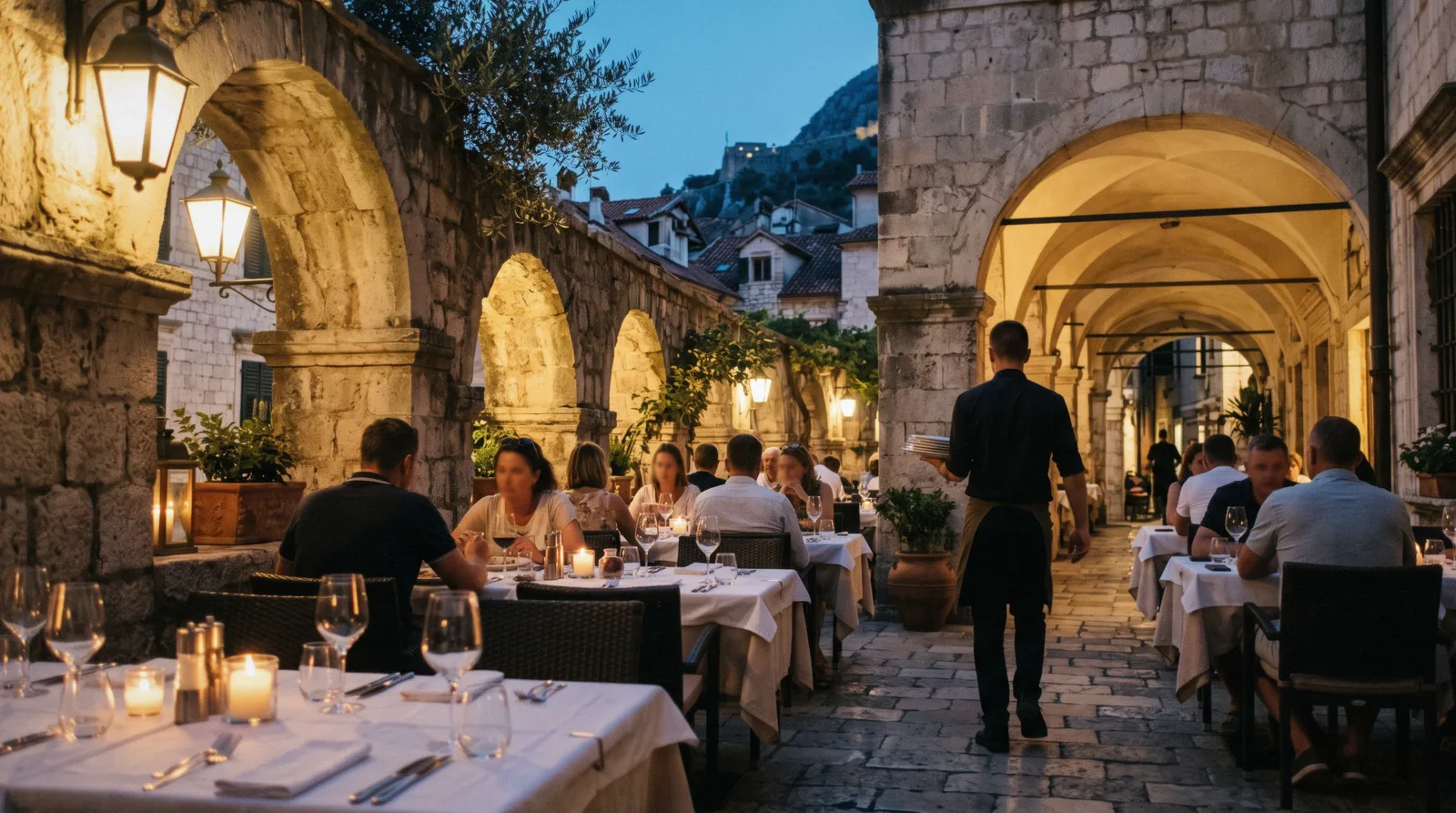 Outdoor restaurant tables on a stone square in Kotor old town at dusk