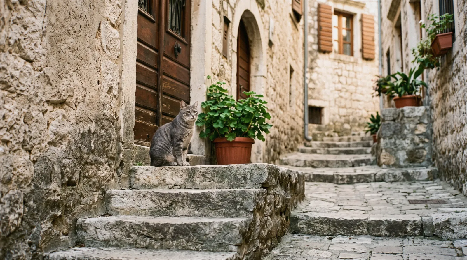 A cat dozing on stone steps in Kotor old town