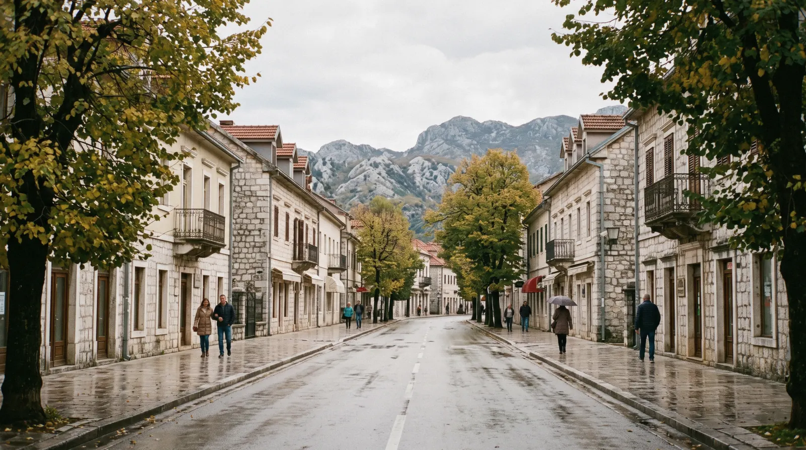 Palace and tree-lined street in Cetinje, Montenegro's old royal capital