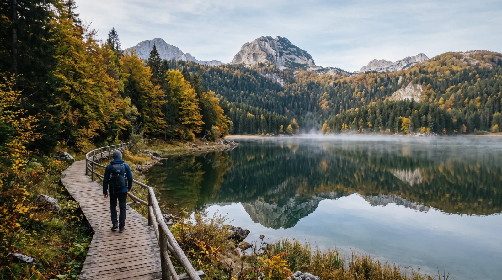Durmitor peaks reflected in Black Lake in Durmitor National Park, Montenegro