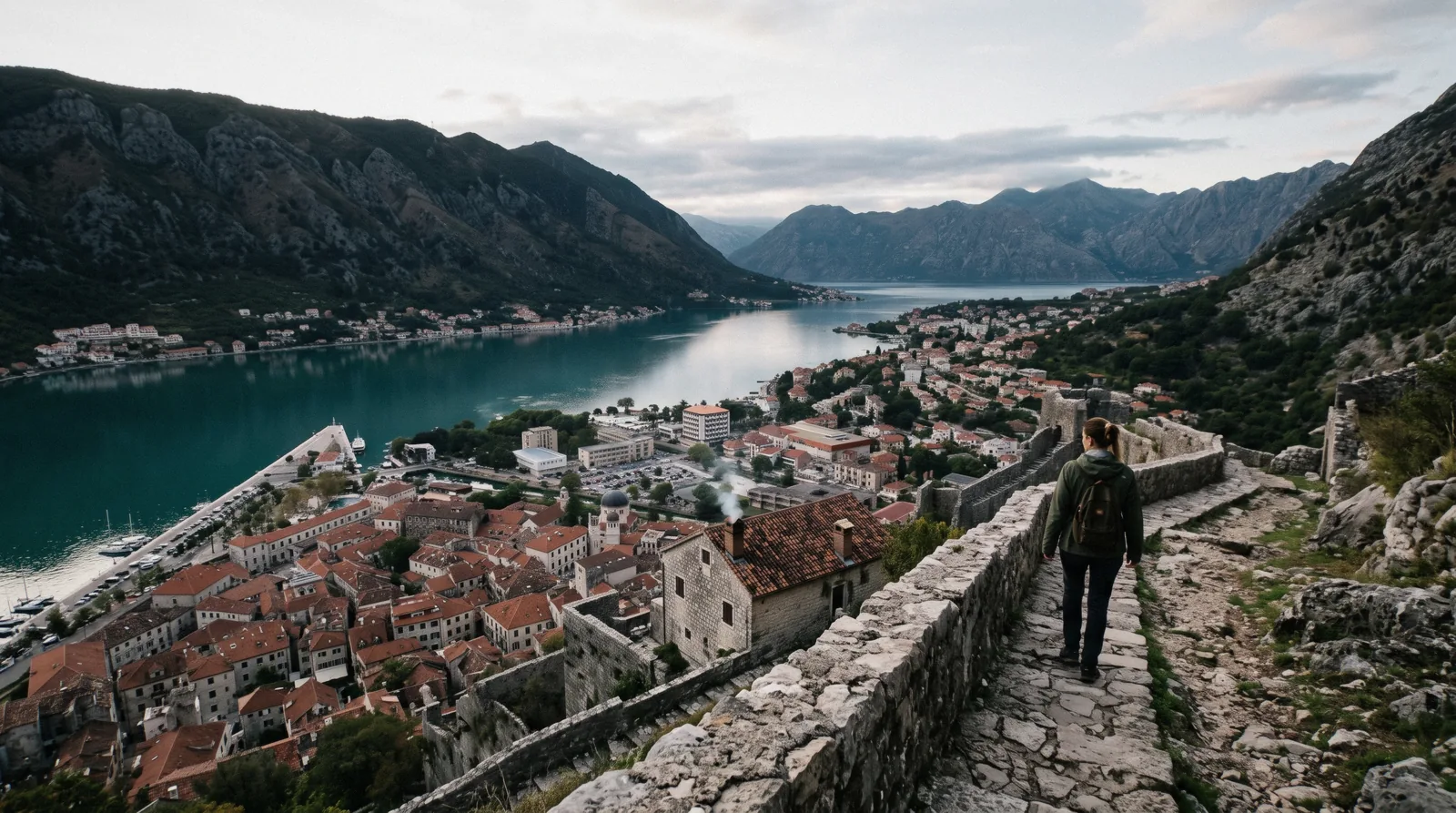 Kotor old town and its walls rising from the bay under mountains