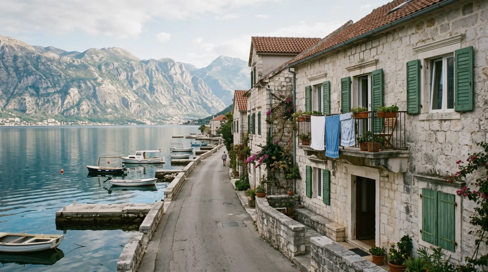Stone apartment entrance on a narrow lane inside Kotor old town