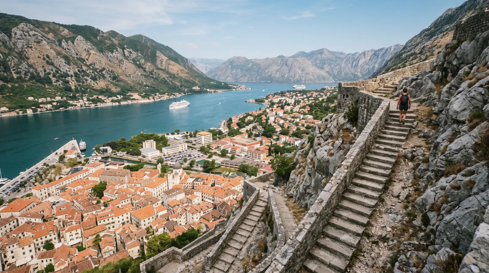 The walls of Kotor climbing to San Giovanni fortress above the roofs