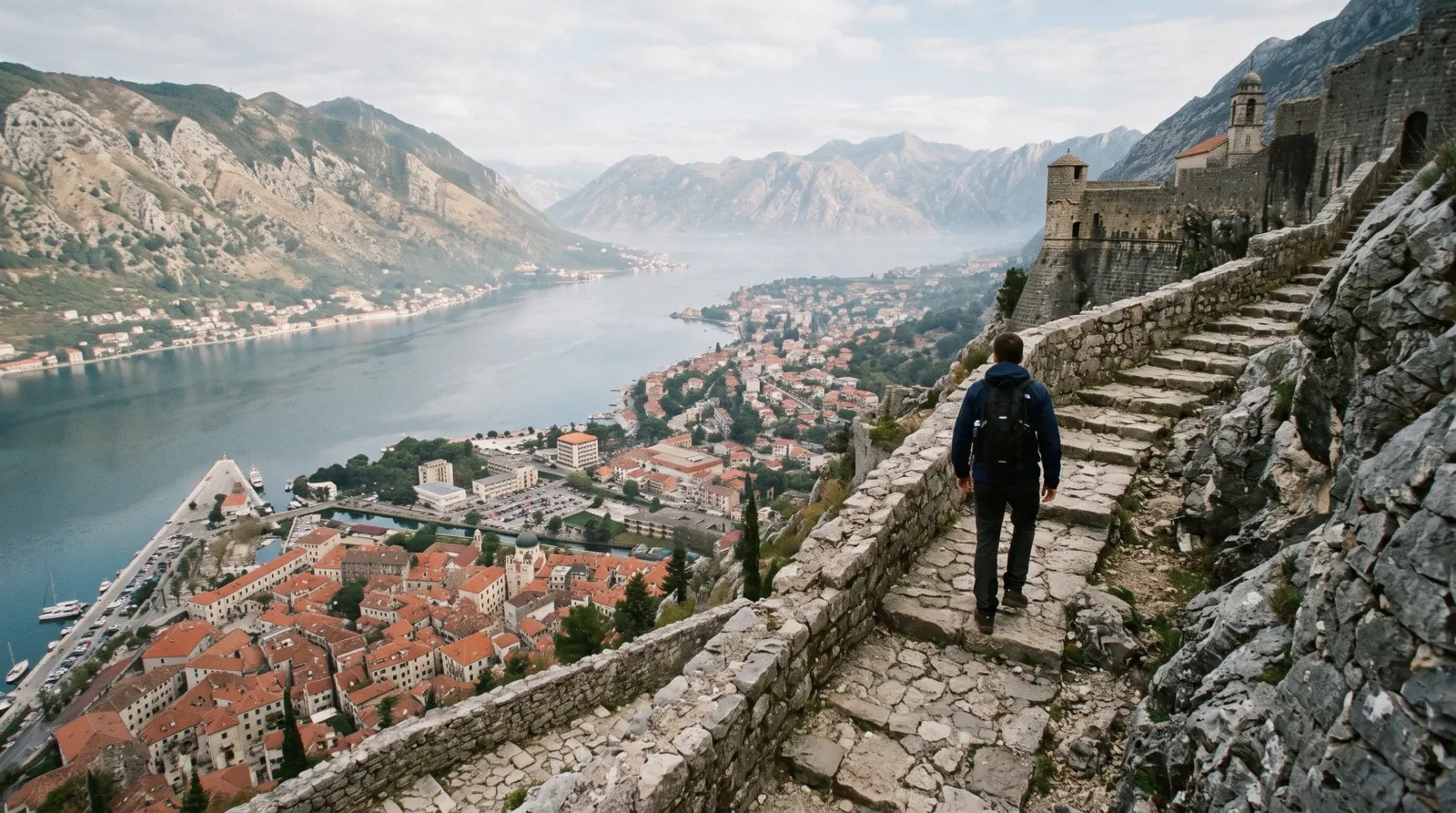 Kotor old town rooftops seen from the walls in early morning light