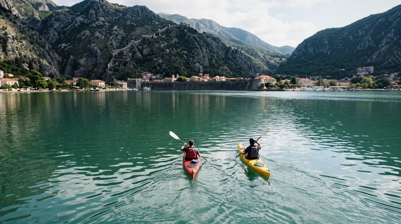 Double sea kayaks crossing the calm Bay of Kotor with mountains behind