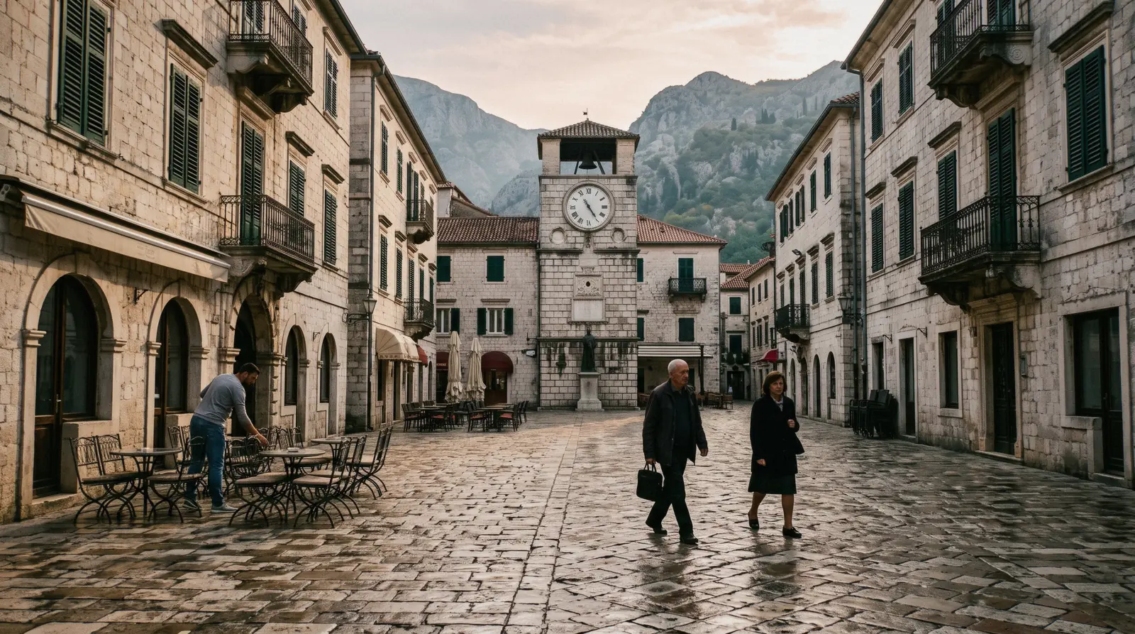 Stone square and narrow lane inside Kotor old town