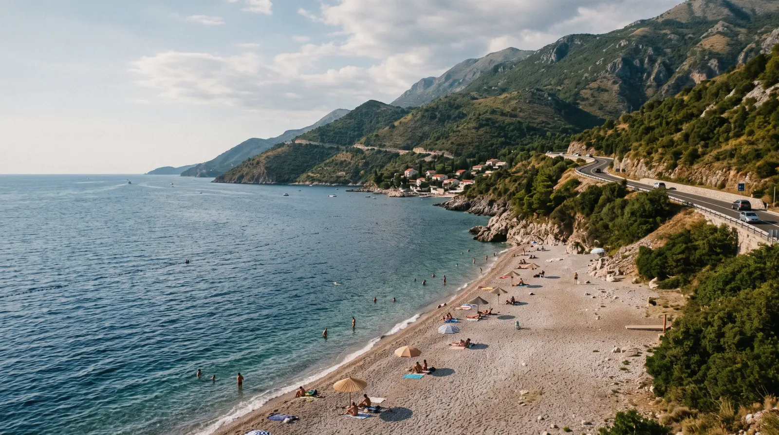 The Adriatic coast road between Kotor and Budva with the sea and hills of Montenegro