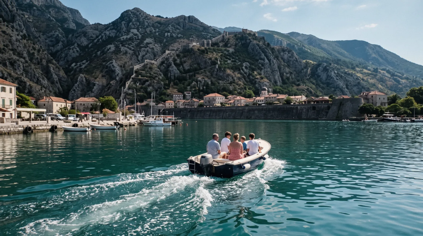 Speedboat and old town walls on the Bay of Kotor with Kotor tours departing from the waterfront