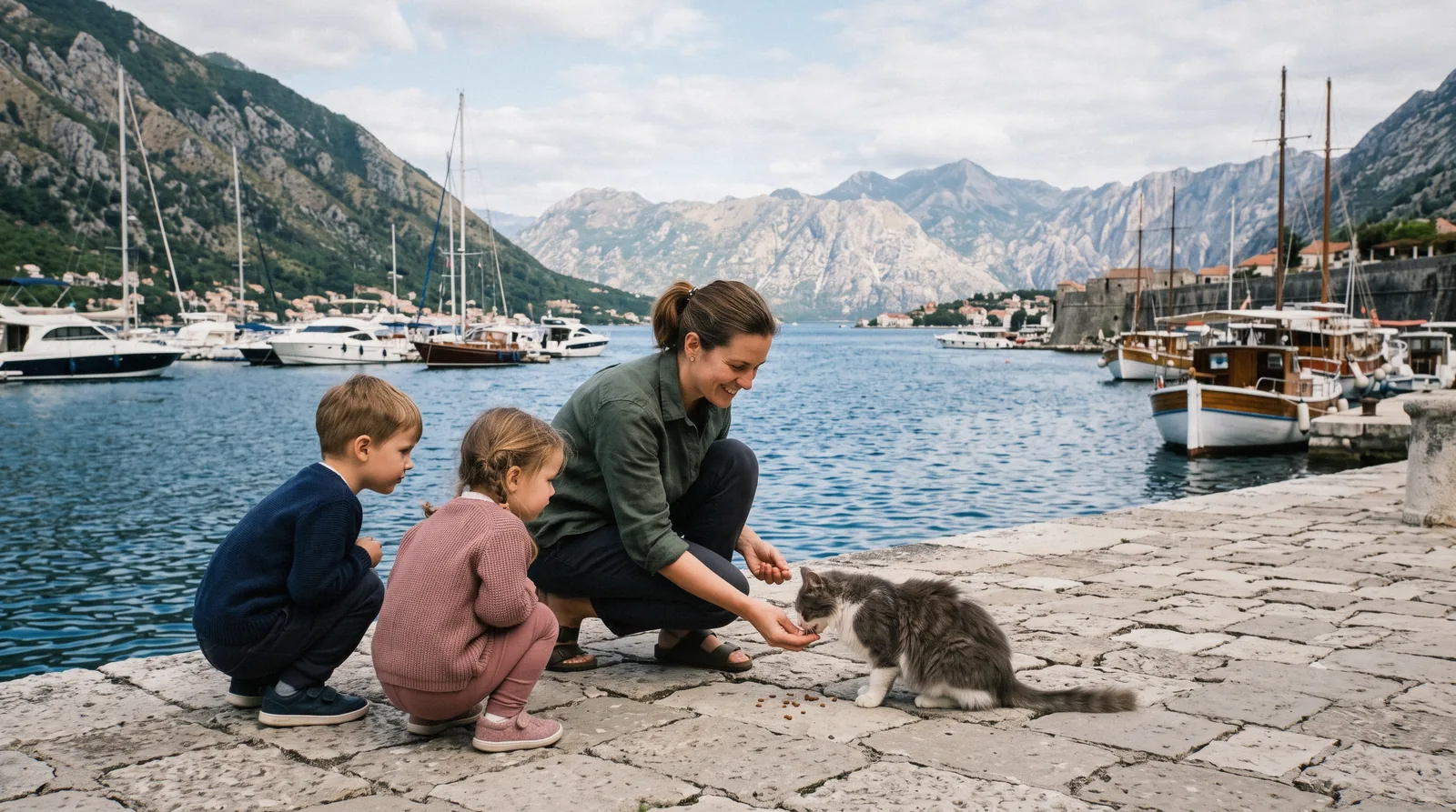Family walking a stone lane in Kotor old town with the fortress walls above