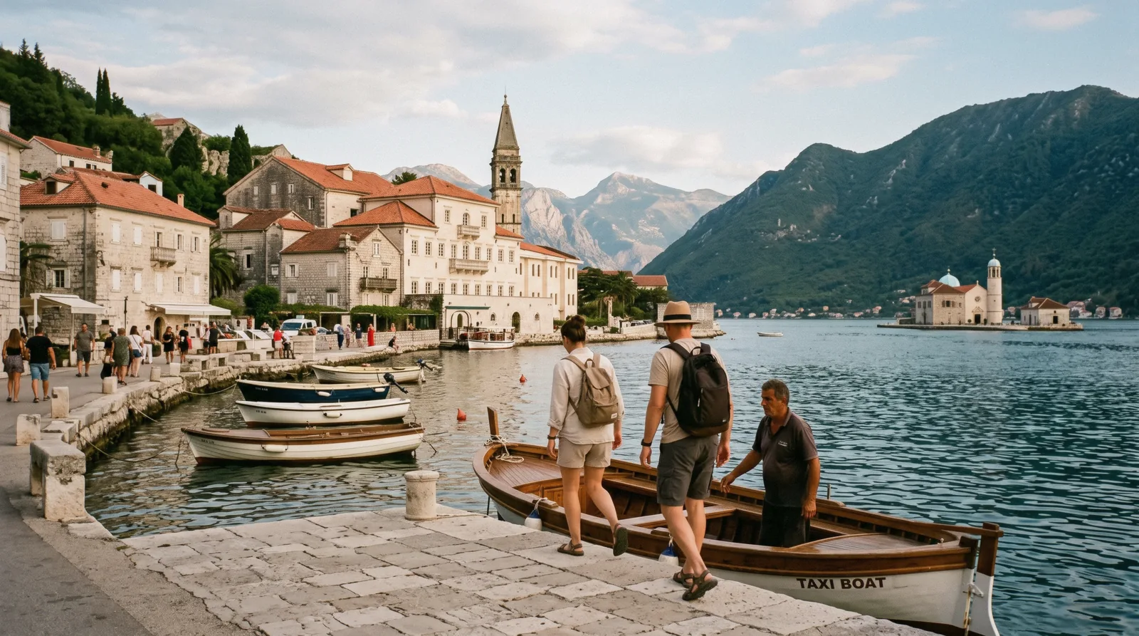 Perast waterfront with the island church of Our Lady of the Rocks