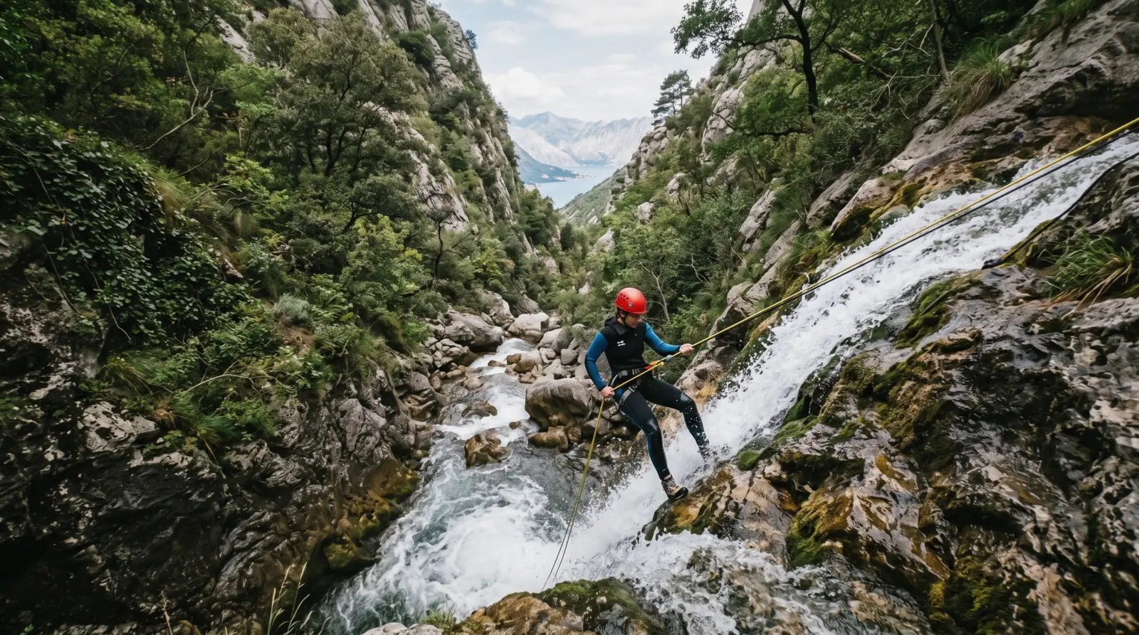 Canyoneer abseiling down a waterfall in the Skurda canyon above Kotor