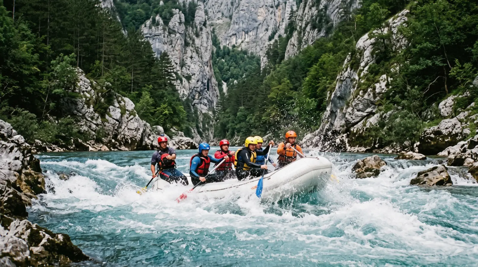 Raft on the turquoise Tara River inside its canyon in northern Montenegro