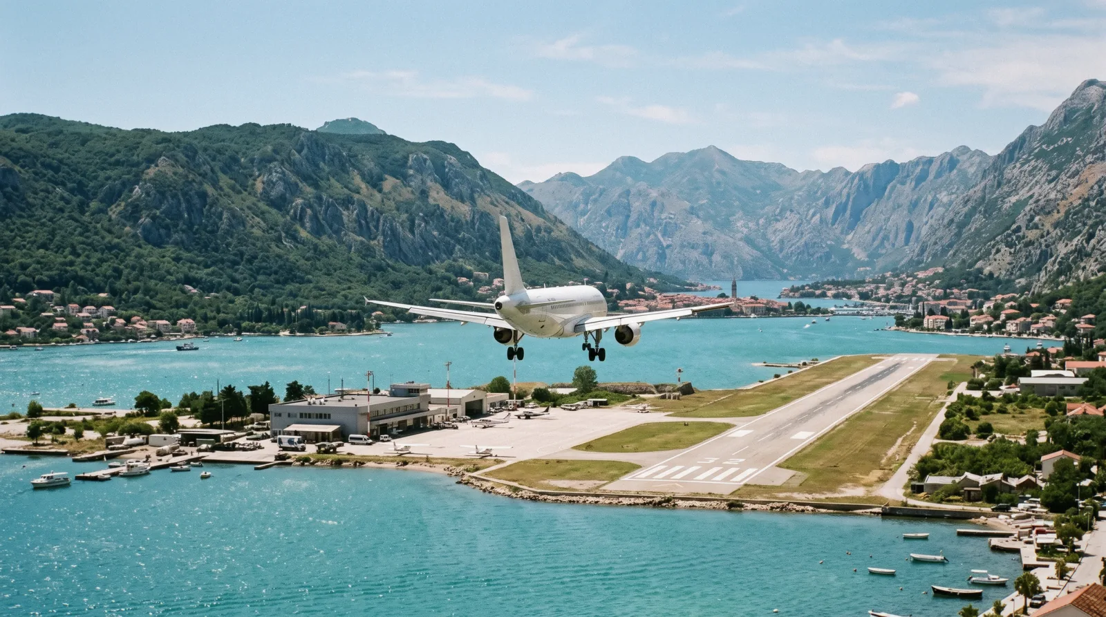 Small aircraft on the apron at Tivat Airport with the Bay of Kotor mountains behind