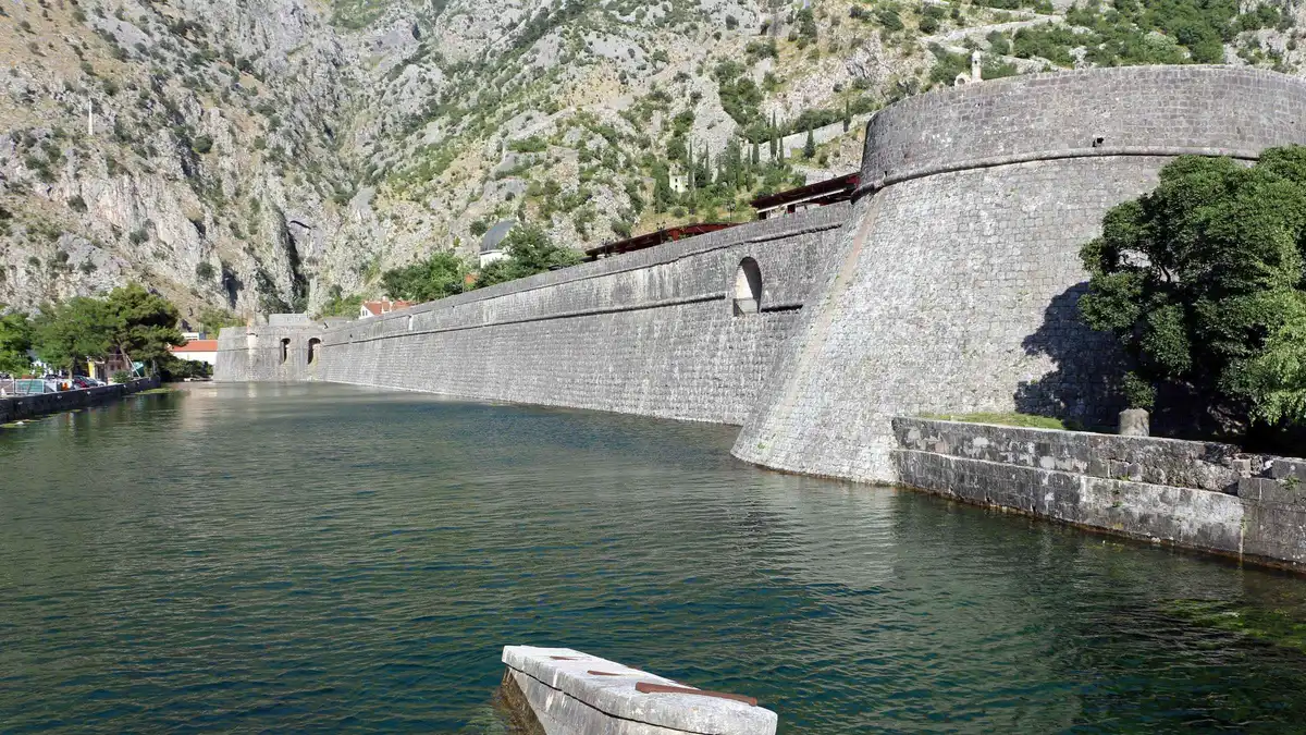 Stone stairway of the Kotor city walls climbing above the old town